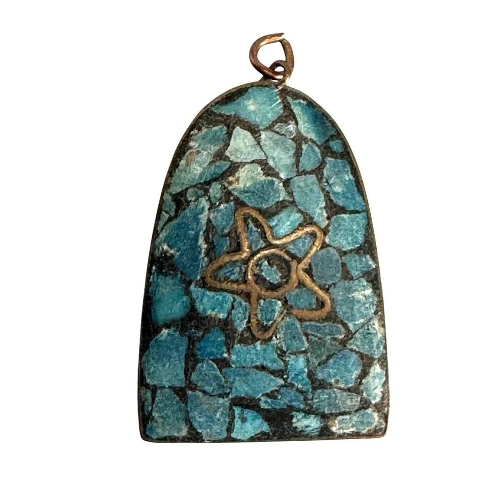 Vintage Turquoise Micro Mosaic Brass Pendant With Star Design 2" Made In India - Picture 1 of 5